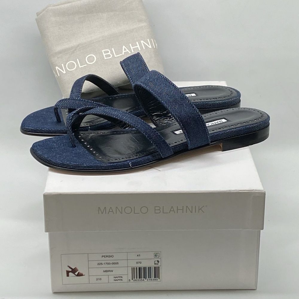 Manolo Blahnik Susaperf Cotton Flat Sandals size 37 - Picture 11 of 13